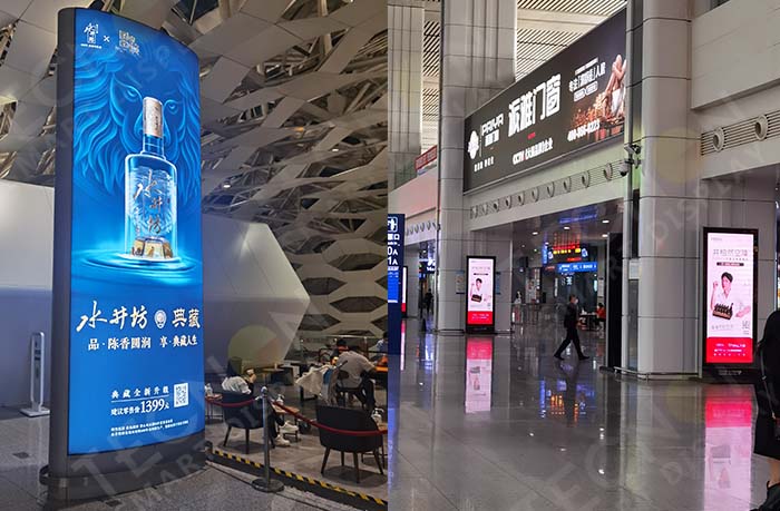 Large Vertical LED Totem Screens in Airport Terminals