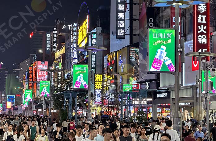 Smart pole LED display in modern urban street design