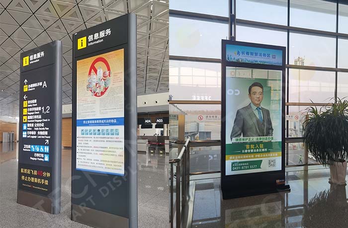 flight details on a vertical LED totem screen in airport hall