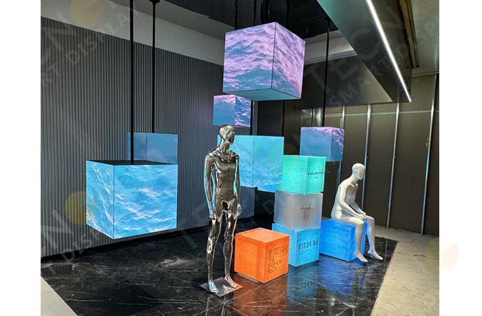 GOB cube indoor LED display suspended from ceiling in LILANZ store