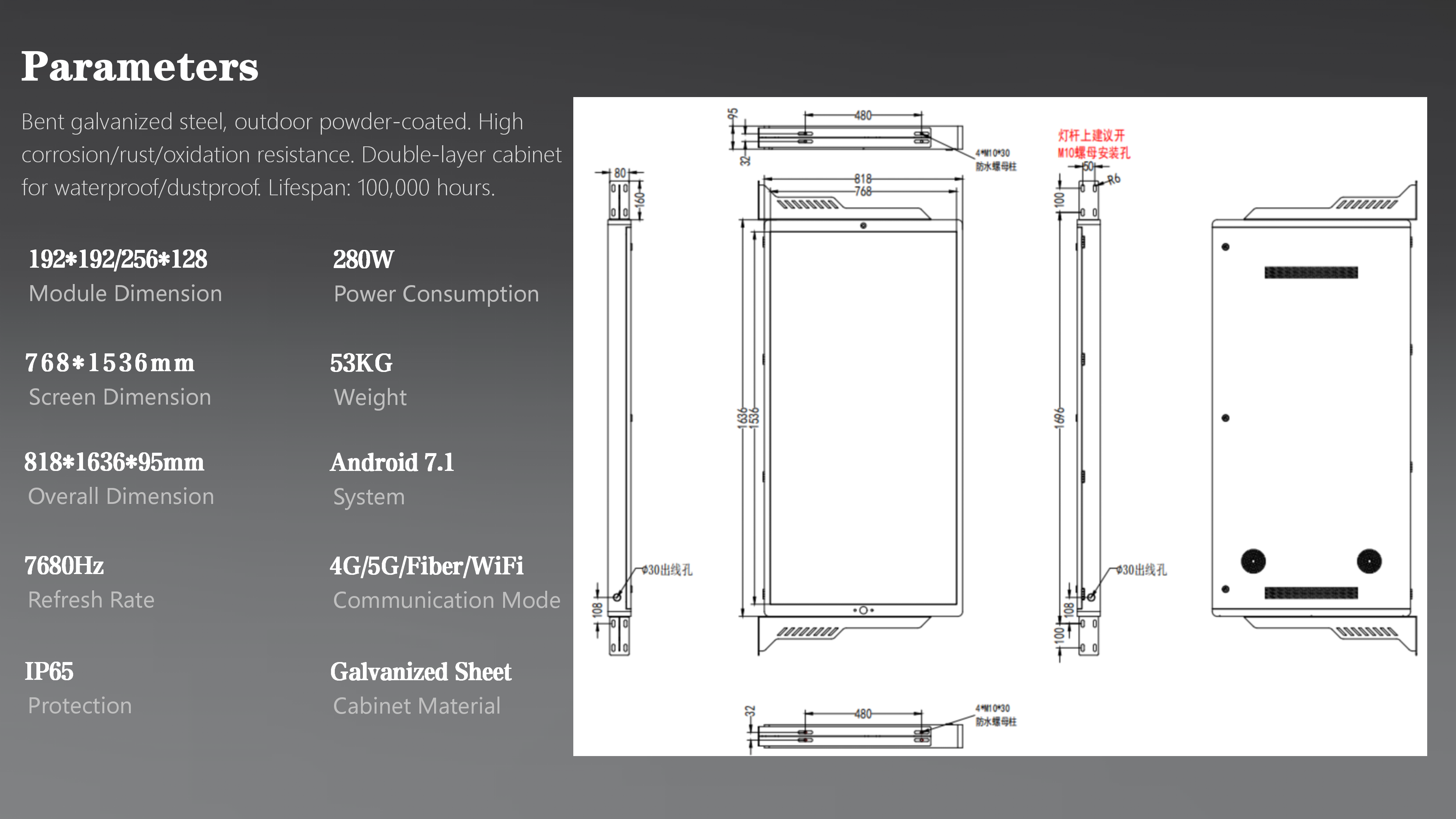 TL768X1536 Single Sided LED Pole Screen detail 02